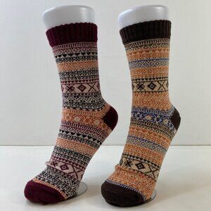 Womens Crew Socks Set 2 Fair Isle Nordic Pattern Maroon Orange Brown Green Blue